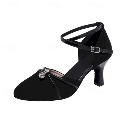 Women's Black Dance Shoes with Ankle Strap and Rhinestone Accent, Closed-Toe Ballroom Heels for Latin and Salsa Dancing 2025