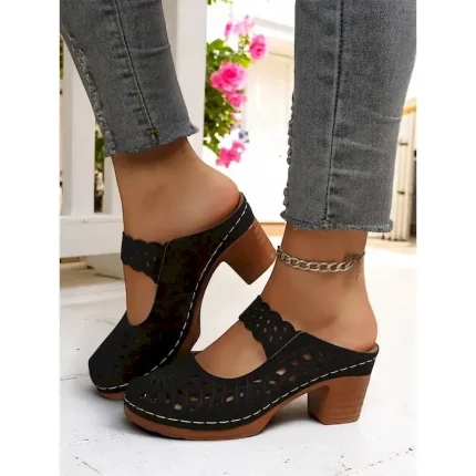 Women's Slip-On Hollow Out Chunky Heel Mules – Faux Leather Vintage Sandals, Perfect for Casual Strolls, Backyard Brunch, Outdoor Art Fair and Spring - Image 3