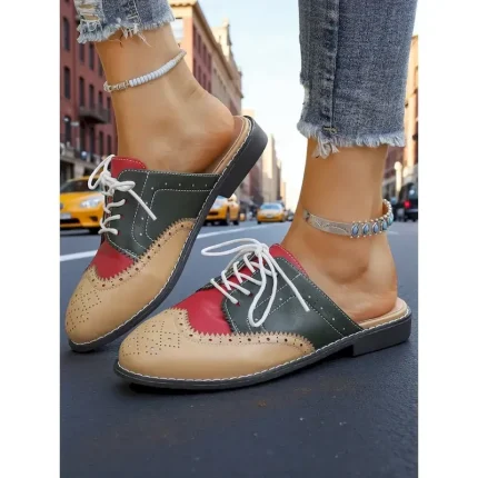 Women's 1950s Vintage Colorblock Wingtip Mule Oxford Shoes - Yellow Blue Slip-On Lace-Up Flats for Casual Street Style, Outings and Weekend Travel 202 - Image 6