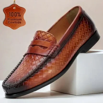 Men's Premium Cowhide Leather Woven Loafers with Stylish Accent – Comfortable Formal Footwear for Business and Special Occasions 2025
