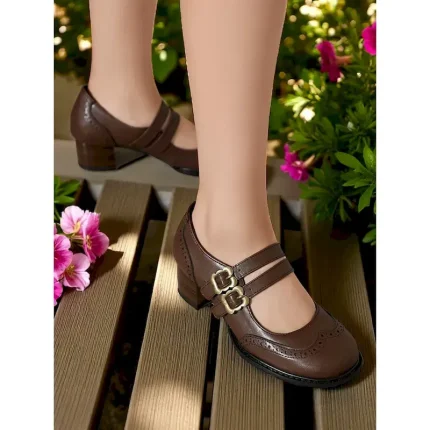Women's Brown Faux Leather Mary Jane Pumps –1950s  Vintage Double Strap Buckle Low Heel Shoes for Daily Wear or Office Outfits 2025 - Image 6