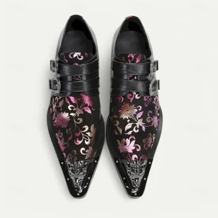 Men's Black Floral Embroidered Monk Strap Dress Shoes–Gothic Formal Shoes for Weddings, Banquets and Fashion Shows 2025 - Image 6