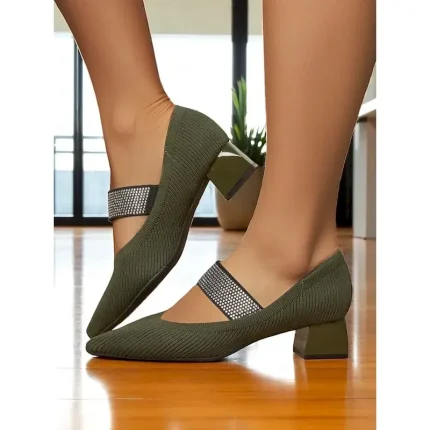 Women's Army Green Knit Block Heel Pumps with Rhinestone Elastic Strap, Stylish Comfortable Office Shoes for Teachers, Receptionists and Daily Workwea - Image 3