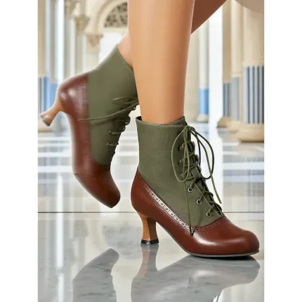 Women's 1920s Vintage Lace-Up Victorian Ankle Boots – Two-Tone Brown and Olive Green Heeled Booties with Brogue Detailing for Cosplay, Steampunk and F - Image 5