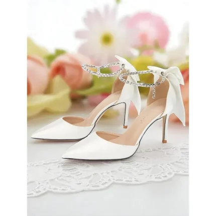 Women's Ivory Satin Pointed Toe Stiletto Heels with Bow and Rhinestone Ankle Strap - Elegant Wedding and Formal Occasion Shoes 2025 - Image 5