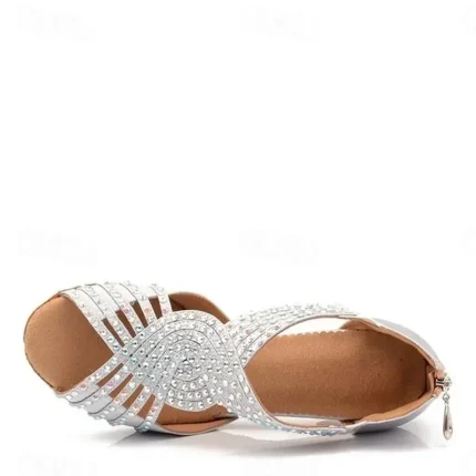 Women's Silver Rhinestone Latin Dance Sandals with Strappy Design, Soft Suede Sole and Mid Heels for Ballroom and Performance 2025 - Image 4