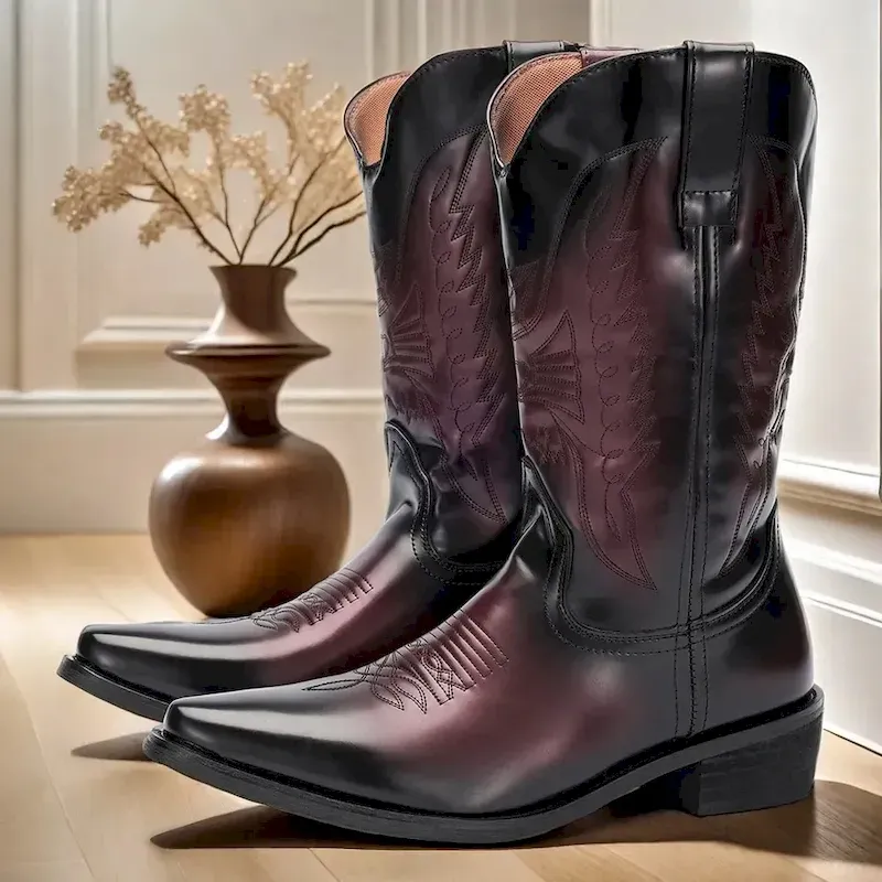 xcrdyu1727145315132.webp Men's Black and Burgundy Faux Leather Cowboy Boots with Embroidered Design - Classic Western Boots for Rodeo and Outdoor Wear 2025 - Image 1