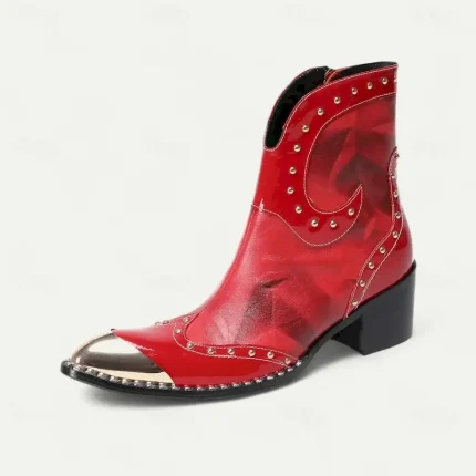 Men's Red Western Chelsea Boots – Genuine Cowhide Leather Ankle Boots with Studded Trim Side Zipper and Metallic Toe Cap for Dance Events Evening Rece - Image 4