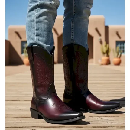 Men's Black and Burgundy Faux Leather Cowboy Boots with Embroidered Design - Classic Western Boots for Rodeo and Outdoor Wear 2025 - Image 6