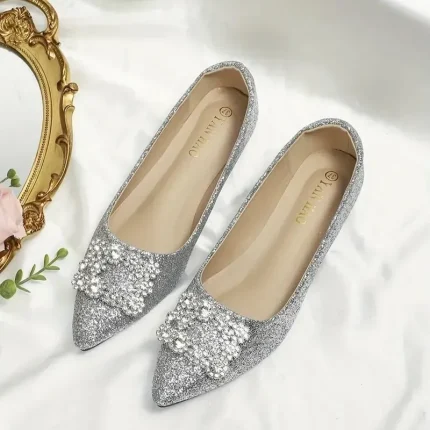 Women's Silver Glitter Flats with Rhinestone Embellished Buckle – Elegant Pointed Toe Shoes for Wedding, Parties and Special Occasions 2025 - Image 5