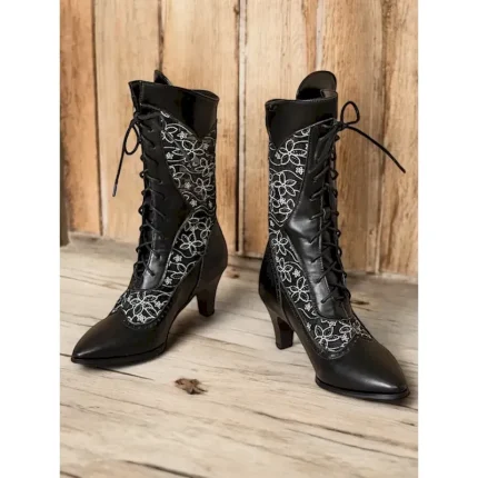Women's Victorian Black Lace-Up Mid-Calf Boots with Floral Lace Panels – Vintage-Inspired Heeled Boots for Formal and Casual Occasions 2025 - Image 6