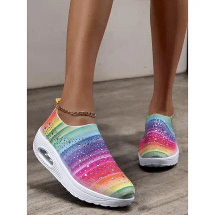 Women's Colorful Rhinestone Slip-On Sneakers – Lightweight Air Cushion Sole Shoes for Casual and Sporty Style 2025