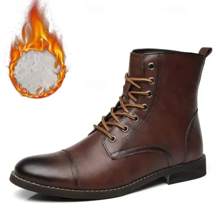 Men's Brown Lace-Up Ankle Boots – Faux Leather with Warm Plush Lining and Durable Non-Slip Sole, Ideal for Winter Casual Wear 2025 - Image 3