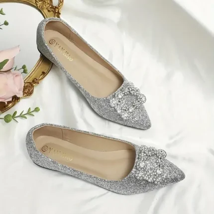 Women's Silver Glitter Flats with Rhinestone Embellished Buckle – Elegant Pointed Toe Shoes for Wedding, Parties and Special Occasions 2025 - Image 4