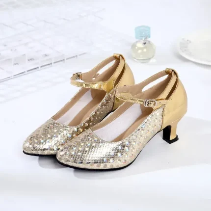 Women's Silver Glitter Ballroom Dance Shoes with Mary Jane Strap, Closed-Toe Heels for Latin and Salsa Dancing 2025