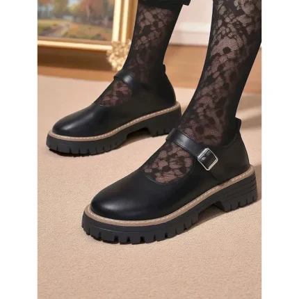Women's Black Chunky Mary Jane Flats with Buckle Strap - Faux Leather Platform Shoes for Teens and Ladies, Ideal for School, Streetwear, and Autumn Ou - Image 5