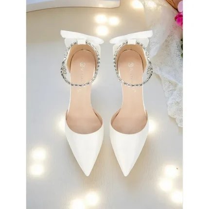 Women's Ivory Satin Pointed Toe Stiletto Heels with Bow and Rhinestone Ankle Strap - Elegant Wedding and Formal Occasion Shoes 2025 - Image 6