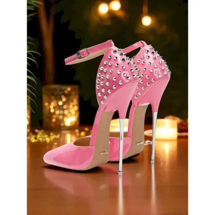 Women's Pink Patent Leather Ankle Strap Stiletto Heels with Studded Back - Sexy Pole Dance Shoes for Nightlife Party 2025 - Image 6