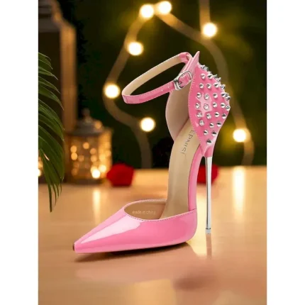 Women's Pink Patent Leather Ankle Strap Stiletto Heels with Studded Back - Sexy Pole Dance Shoes for Nightlife Party 2025 - Image 5